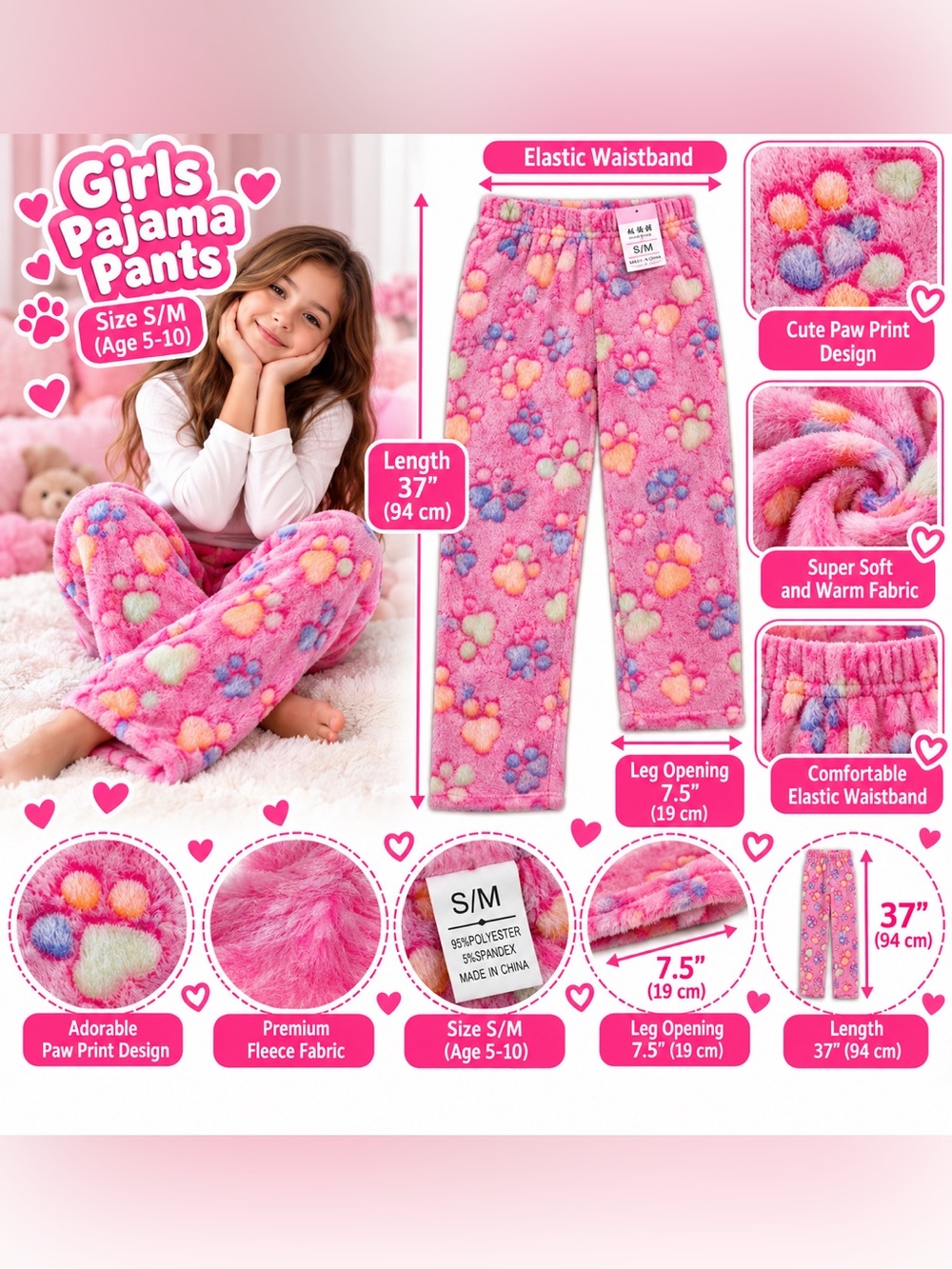 Kids Fleece Pink Pajama Pants S/M Soft Plush Warm Girls Sleepwear Lounge Pants